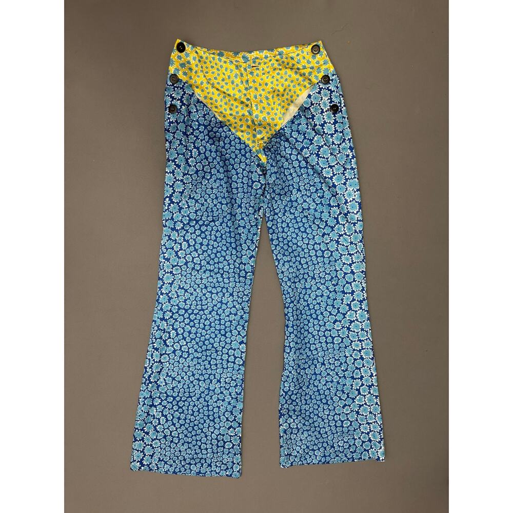Vintage Blue & Yellow Floral Wide Leg Palazzo Pants w/ Cut Out Details Size S/M